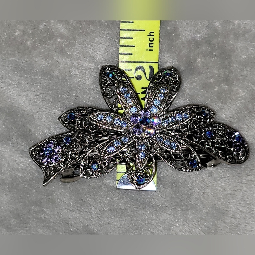 Vintage Filigree Silver Crystal Rhinestone Flower Barrette Hair Clip Blue Purple - Picture 7 of 7